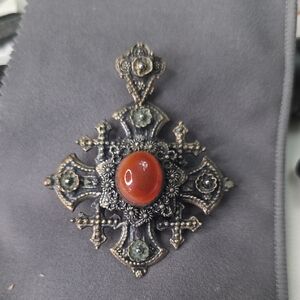 Vintage Jerusalem Maltese Cross Pendant, Center stone Carnelian, 800 silver